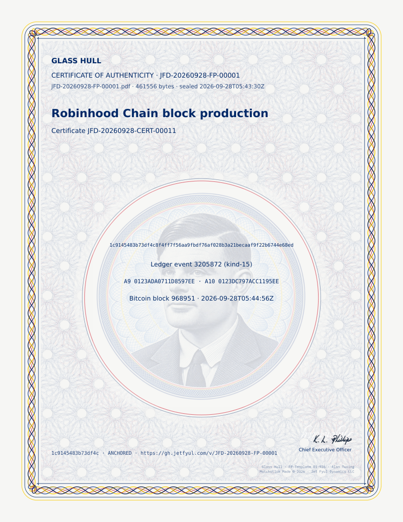 Certificate of authenticity JFD-20260928-CERT-00011 for the Full Proof JFD-20260928-FP-00001, Robinhood Chain block production, as sealed (the Alan Turing plate). It prints the Full Proof's fingerprint, ledger event 3205872 (kind-15), hardware witnesses A9 0123ADA0711D8597EE and A10 0123DC797ACC1195EE, and Bitcoin block 968951, 2026-09-28T05:44:56Z.