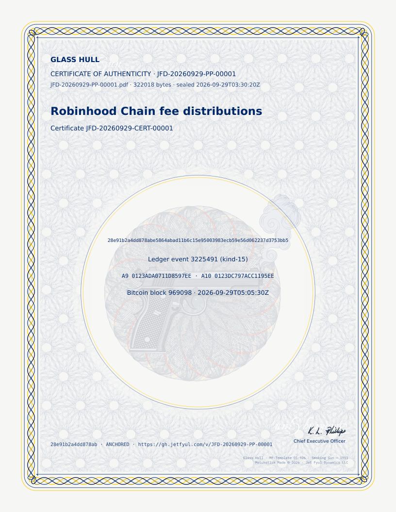 Certificate of authenticity for the Proof Posit JFD-20260929-PP-00001, Robinhood Chain fee distributions. It prints certificate JFD-20260929-CERT-00001, the Posit's fingerprint, ledger event 3225491 (kind-15), hardware witnesses A9 0123ADA0711D8597EE and A10 0123DC797ACC1195EE, and Bitcoin block 969098.