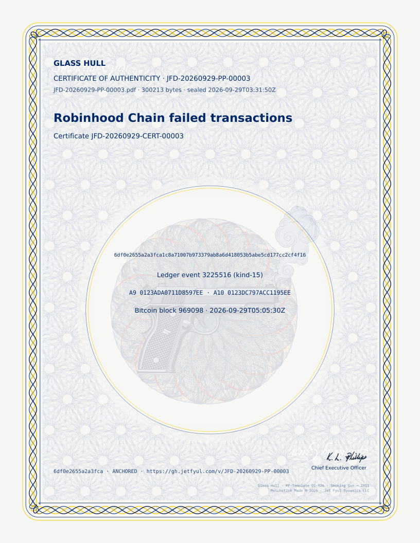 Certificate of authenticity for the Proof Posit JFD-20260929-PP-00003, Robinhood Chain failed transactions. It prints certificate JFD-20260929-CERT-00003, the Posit's fingerprint, ledger event 3225516 (kind-15), hardware witnesses A9 0123ADA0711D8597EE and A10 0123DC797ACC1195EE, and Bitcoin block 969098.