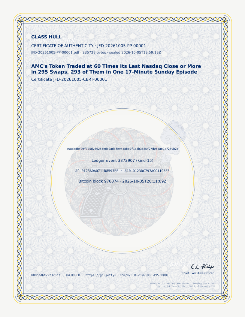 Certificate of authenticity for the Proof Posit JFD-20261005-PP-00001, AMC's Token Traded at 60 Times Its Last Nasdaq Close or More in 295 Swaps, 293 of Them in One 17-Minute Sunday Episode. It prints certificate JFD-20261005-CERT-00001, the Posit's fingerprint, ledger event 3372907 (kind-15), hardware witnesses A9 0123ADA0711D8597EE and A10 0123DC797ACC1195EE, and Bitcoin block 970074.