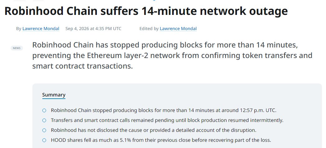 crypto.news, 4 September 2026: Robinhood Chain suffers 14-minute network outage